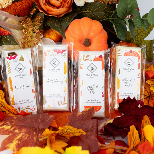 Autumn wax melt bundle offer myrrh tonka Oud wood lost cherry apple fig soy wax melts hand made in Ireland Irish gift ideas 