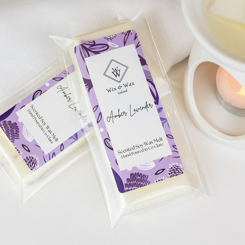 Amber Lavender wax melt by Wix and Wax – hand-poured soy blend featuring a relaxing fusion of amber and lavender, beautifully packaged in eco-conscious materials.