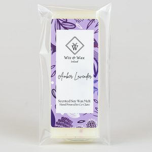 Amber Lavender wax melt by Wix and Wax – hand-poured soy blend featuring a relaxing fusion of amber and lavender, beautifully packaged in eco-conscious materials.