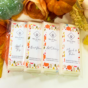 Autumn wax melt bundle featuring a selection of warm, seasonal fragrances in eco-friendly packaging, perfect for creating a cozy, inviting atmosphere at home. myrrh and tonka, apple and fig, lost cherry, oud wood