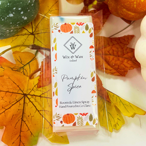 "Pumpkin Spice wax melt with a warm, spicy fragrance blend of pumpkin, cinnamon, and clove, perfect for creating a cozy autumn atmosphere."