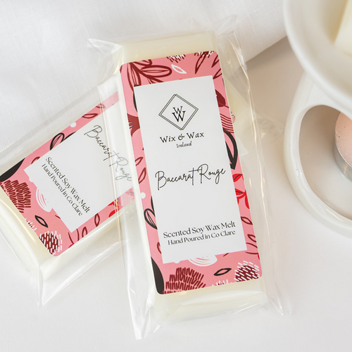 Baccarat Rouge wax melt by Wix and Wax – hand-poured soy blend with a rich, luxurious scent, elegantly packaged in eco-conscious materials.
