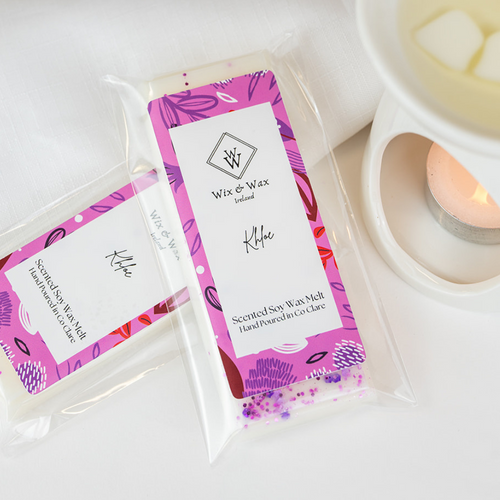 Khloe wax melt by Wix and Wax – hand-poured soy blend with a romantic floral and vanilla scent, elegantly presented in eco-friendly packaging.