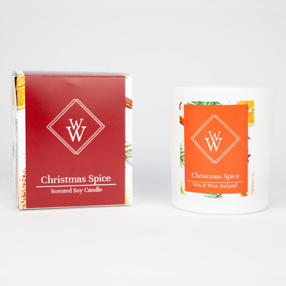 Wax & Wax Ireland Christmas Spice scented soy candle and packaging on a white background