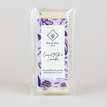 Load image into Gallery viewer, Coconut Milk and Lavender wax melt from Wix and Wax – hand-poured soy blend in soft pastel tones, eco-friendly and vegan, displayed in elegant packaging.
