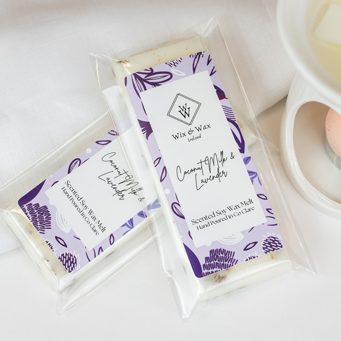 Coconut Milk and Lavender wax melt from Wix and Wax – hand-poured soy blend in soft pastel tones, eco-friendly and vegan, displayed in elegant packaging.