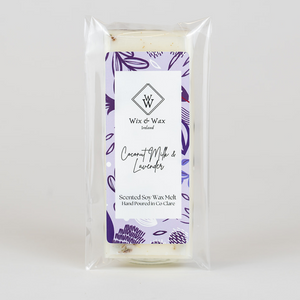 Coconut Milk and Lavender wax melt from Wix and Wax – hand-poured soy blend in soft pastel tones, eco-friendly and vegan, displayed in elegant packaging.