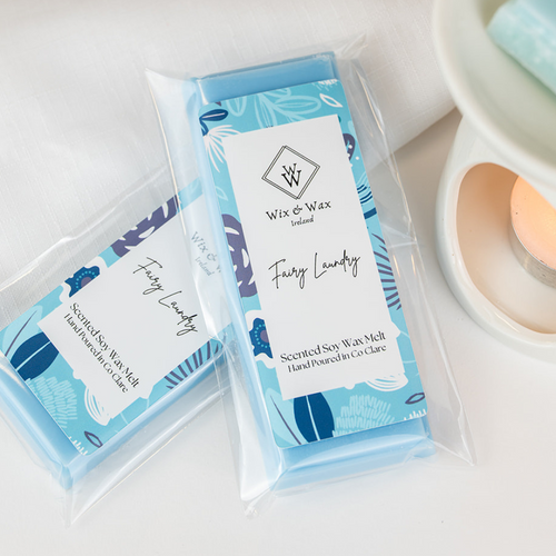 Fairy Laundry wax melt by Wix and Wax – hand-poured soy blend with a soft, clean baby-fresh scent, presented in eco-friendly, delicate packaging.
