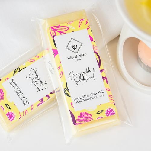 Honeysuckle and Sandalwood wax melt by Wix and Wax – hand-poured soy blend featuring floral and woody notes, beautifully packaged in eco-friendly materials.