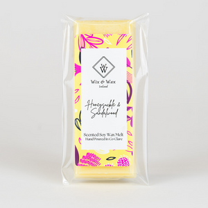 Honeysuckle and Sandalwood wax melt by Wix and Wax – hand-poured soy blend featuring floral and woody notes, beautifully packaged in eco-friendly materials.