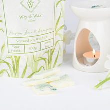 Load image into Gallery viewer, Persian Lime &amp; Lemongrass soy wax melts hand made hand poured in ennis, co. clare, ireland. soy wax, eco friendly, vegan friendly, cruelty free. in a zesty yellow-green hue, handcrafted with soy wax and infused with a fresh, uplifting citrus aroma. irish made gifts ideas
