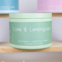 Load image into Gallery viewer, lime-lemongrass-purple -candle-tin-soy-wax-irish-made-in-ireland
