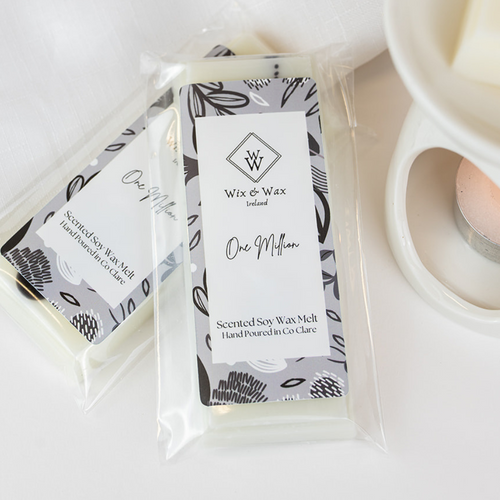One Million white and black wax melt bar by Wix and Wax – hand-poured soy blend with a rich, masculine fragrance, presented in sleek, eco-conscious packaging