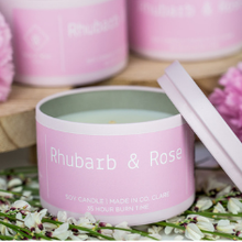 Load image into Gallery viewer, rhubarb-rose-purple -candle-tin-soy-wax-irish-made-in-ireland

