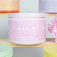 Load image into Gallery viewer, rhubarb-rose-purple -candle-tin-soy-wax-irish-made-in-ireland
