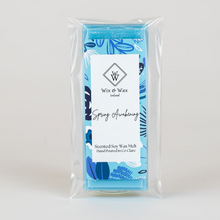 Load image into Gallery viewer, Spring Awakening fragrance blue wax melt bar by Wix and Wax – hand-poured soy blend with a fresh, clean scent, displayed in elegant, eco-conscious packaging.
