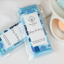 Load image into Gallery viewer, Spring Awakening fragrance blue wax melt bar by Wix and Wax – hand-poured soy blend with a fresh, clean scent, displayed in elegant, eco-conscious packaging.
