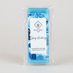 Spring Awakening fragrance blue wax melt bar by Wix and Wax – hand-poured soy blend with a fresh, clean scent, displayed in elegant, eco-conscious packaging.