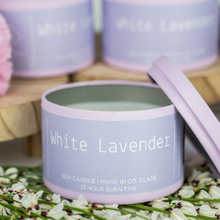 Load image into Gallery viewer, white-lavender-purple -candle-tin-soy-wax-irish-made-in-ireland
