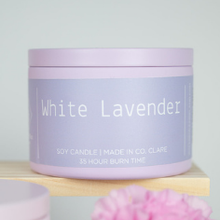 Load image into Gallery viewer, white-lavender-purple -candle-tin-soy-wax-irish-made-in-ireland
